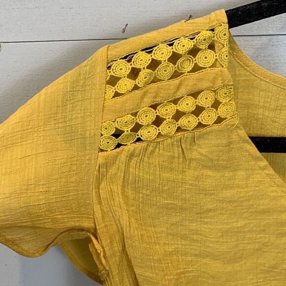 Mine Mustard Button-Front Blouse gauze lace front tie small - Picture 3 of 7